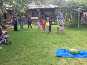 Incorporating a Japanese tradition of "watermelon pinata" during the Hoskins' welcome party at our house. 