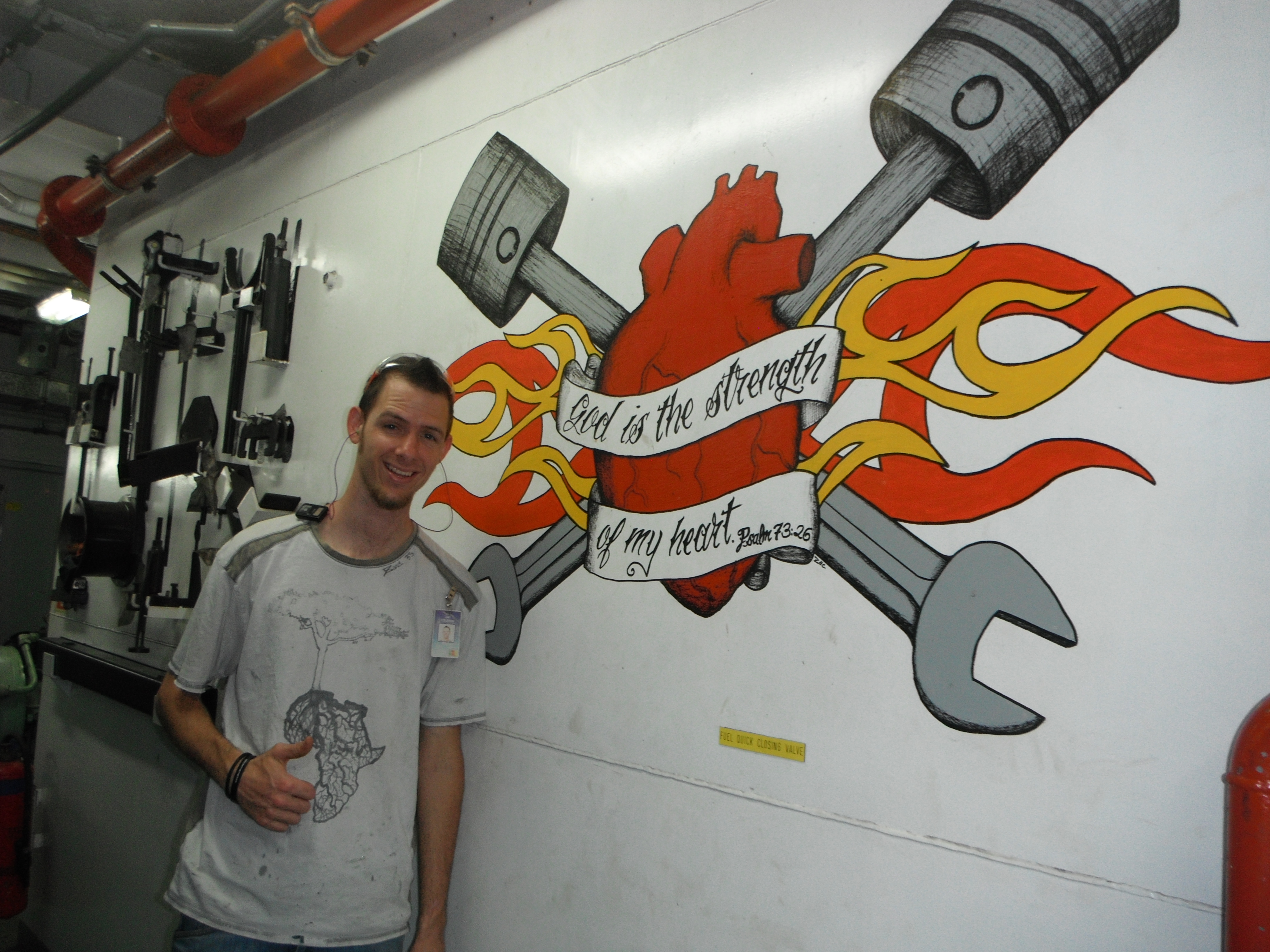 The painting Zac did in the engine room of the Logos Hope.  His artistic talent can be seen around the world.