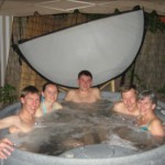 enjoying the hot tub at the house we rented