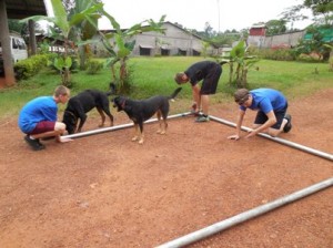 Under supervision of the guard dogs, Bobby, Nate and Michael assemble the pipes.