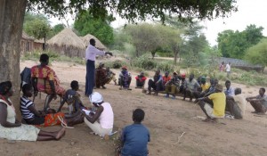 Isaac. ag coor. addressing a sensitization campaign at Sekerot