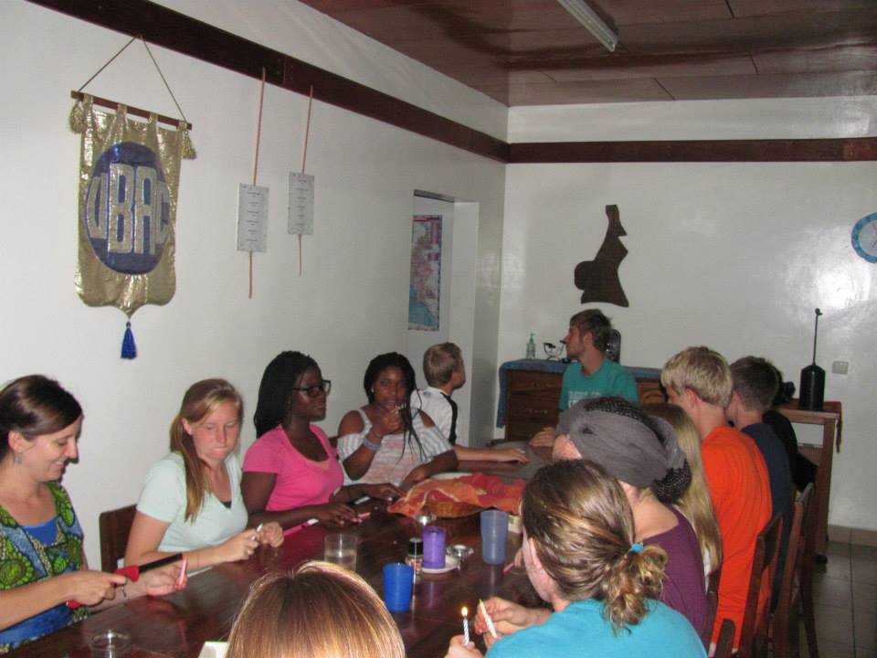 Students eating together in the hostel dining room