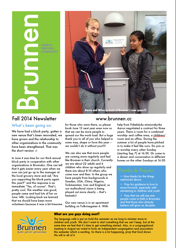 Church Planting Newsletter (Fall 2014) FRONT