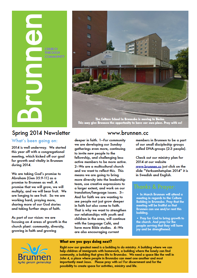 Church Planting Newsletter (Spring 2014) FRONT