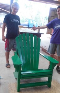 Ben's green chair is done - with a helping hand from Bob (right).