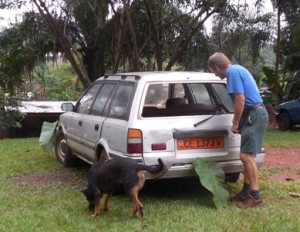 Ron examines the rear window which had been skillfully removed.