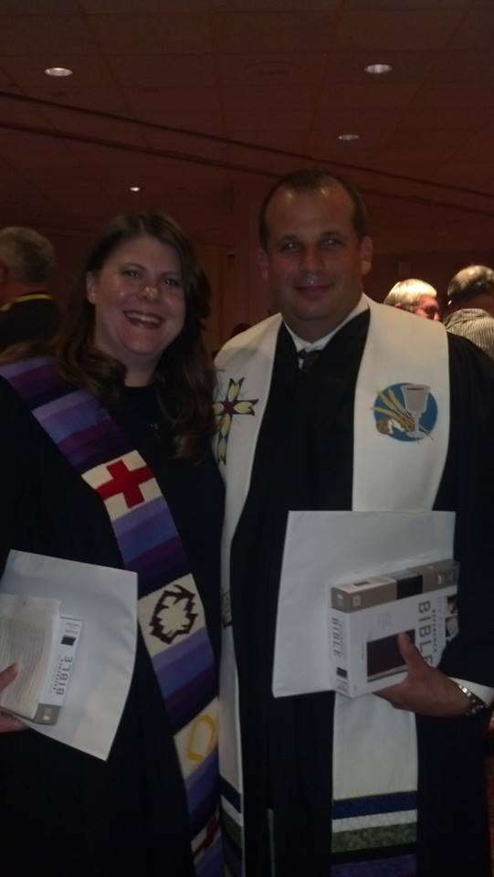 Reverend Joel and newly consecrated Kim showing off their stolls after Saturday night's service.